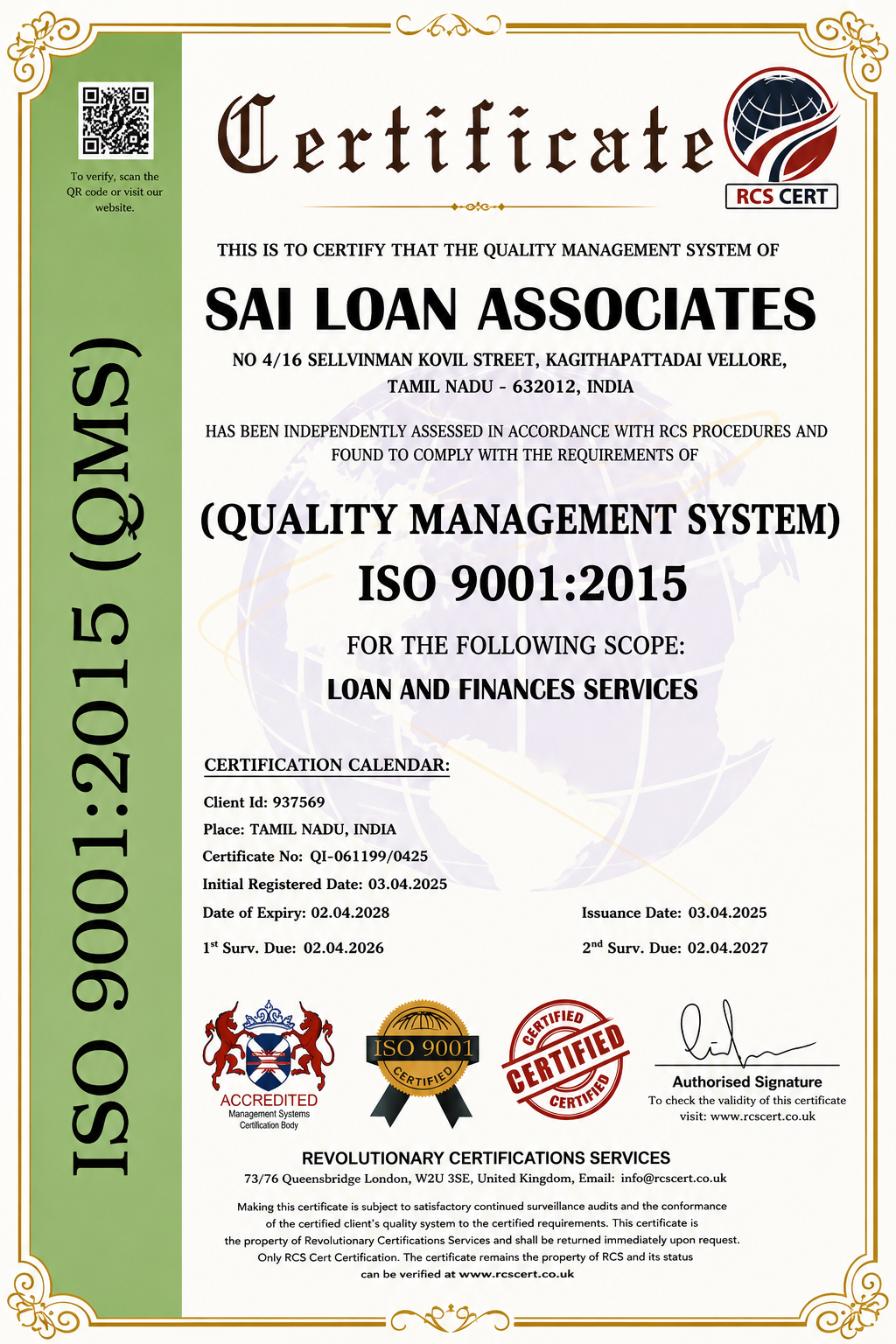 ISO 9001:2015 QMS Certificate - Sai Loan Associates